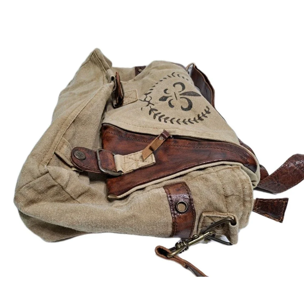 Canvas Leather Brown Messenger Bag Purse Oklahoma Fleur De Lis Khaki
